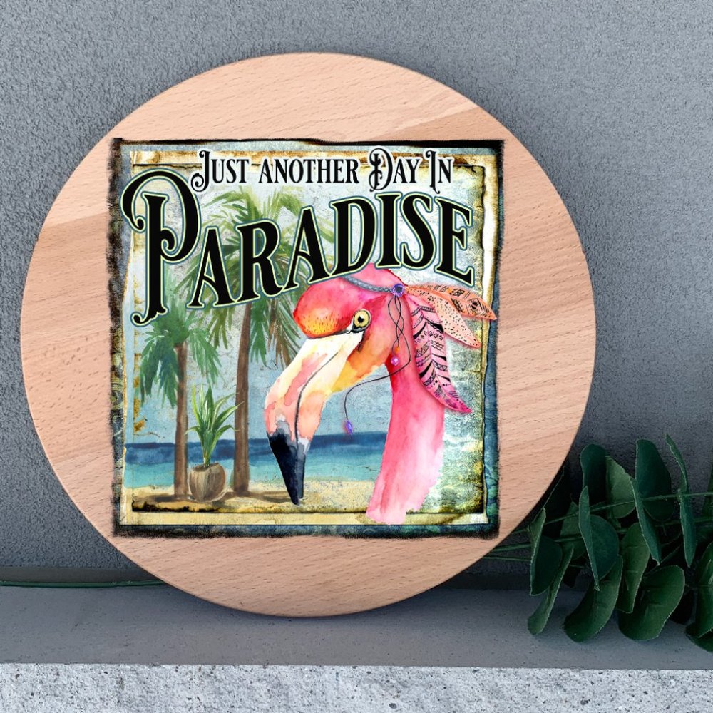 Beach Wall Decor 12" Thin Birch Round Wood Handmade Wall Art Flamingo